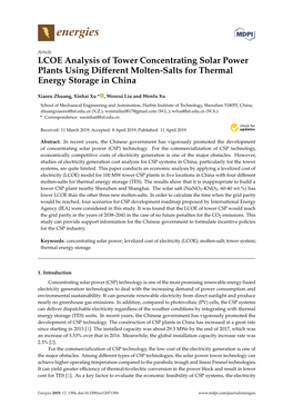 LCOE Analysis of Tower Concentrating Solar Power Plants Using Diﬀerent Molten-Salts for Thermal Energy Storage in China