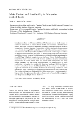 Folate Content and Availability in Malaysian Cooked Foods