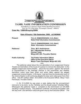 TAMIL NADU INFORMATION COMMISSION Kamadhenu Co-Operative Super Market Building First Floor, New No.379, Anna Salai, Teynampet, Chennai – 600018