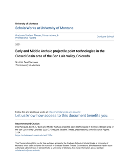 Early and Middle Archaic Projectile Point Technologies in the Closed Basin Area of the San Luis Valley, Colorado