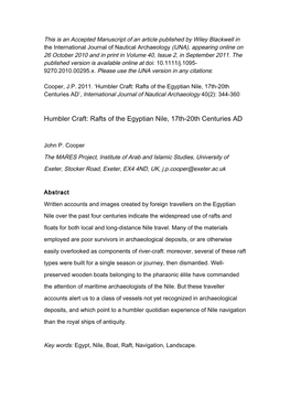 Humbler Craft: Rafts of the Egyptian Nile, 17Th-20Th Centuries AD’, International Journal of Nautical Archaeology 40(2): 344-360