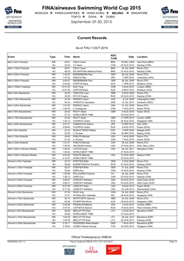 FINA/Airweave Swimming World Cup 2015 MOSCOW PARIS-CHARTRES HONG KONG BEIJING SINGAPORE TOKYO DOHA DUBAI September 29-30, 2015