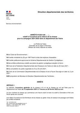 ARRÊTÉ N°2021-06- .. -... Relatif À L'ouverture Et La Clôture De La Chasse