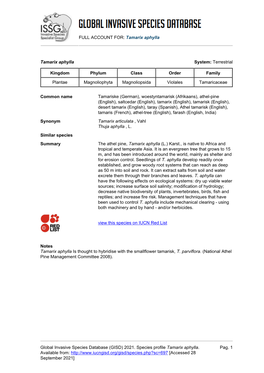 Tamarix Aphylla Global Invasive Species Database (GISD)