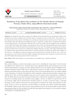 Evaluation of the Global Solar Irradiance in the Vhembe District of Limpopo Province, South Africa, Using Diﬀerent Theoretical Models