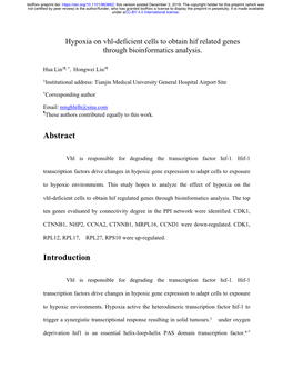 Hypoxia on Vhl-Deficient Cells to Obtain Hif Related Genes Through Bioinformatics Analysis