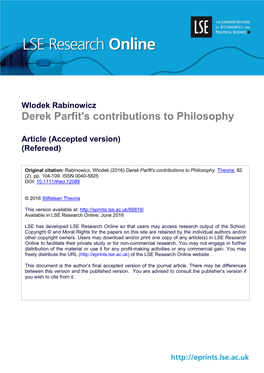 Wlodek Rabinowicz Derek Parfit's Contributions to Philosophy