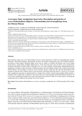 Acricotopus Indet. Morphotype Incurvatus: Description and Genetics of a New Orthocladiinae (Diptera: Chironomidae) Larval Morphotype from the Tibetan Plateau