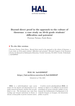 Beyond Direct Proof in the Approach to the Culture of Theorems: a Case Study on 10-Th Grade Students’ Diﬀiculties and Potential Fiorenza Turiano, Paolo Boero