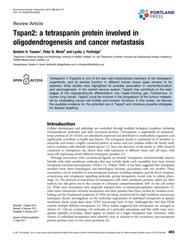 Tspan2: a Tetraspanin Protein Involved in Oligodendrogenesis and Cancer Metastasis