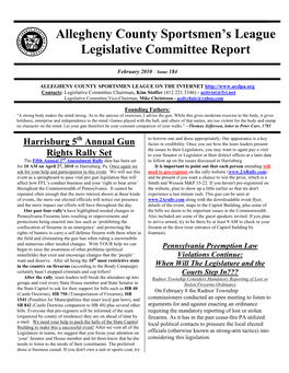 Allegheny County Sportsmen's League Legislative Committee Report