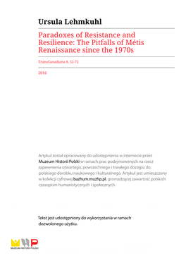 The Pitfalls of Métis Renaissance Since the 1970S