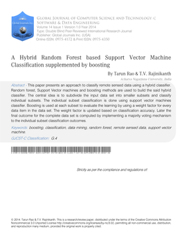 A Hybrid Random Forest Based Support Vector Machine Classification Supplemented by Boosting by T Arun Rao & T.V