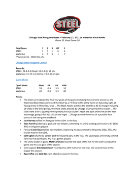 Chicago Steel Postgame Notes – February 27, 2021 at Waterloo Black Hawks Game 35, Road Game 20