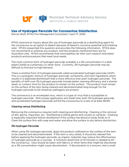 Use of Hydrogen Peroxide for Coronavirus Disinfection Dennis Wolf, MTAS Fire Management Consultant | April 17, 2020