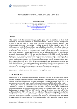 METROPOLISES in INDIAN URBAN SYSTEM: 1901-2011 Jitendra