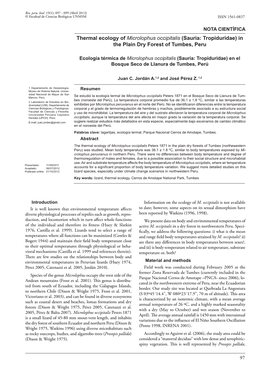 Thermal Ecology of Microlophus Occipitalis (Sauria: Tropiduridae) in the Plain Dry Forest of Tumbes, Peru