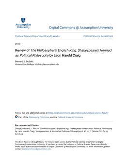 Shakespeare's Henriad As Political Philosophy by Leon Harold Craig