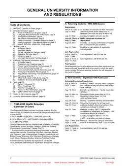 General Information, 1999-2000 Mcgill Health Sciences Calendar