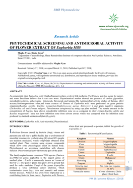 PHYTOCHEMICAL SCREENING and ANTIMICROBIAL ACTIVITY of FLOWER EXTRACT of Euphorbia Milii