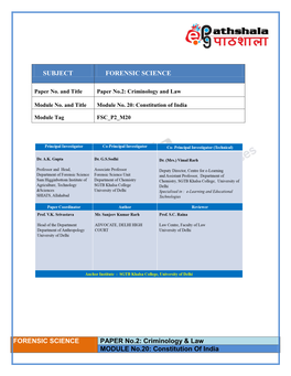 FORENSIC SCIENCE PAPER No.2: Criminology & Law MODULE No.20