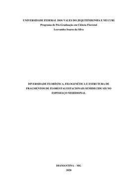 UNIVERSIDADE FEDERAL DOS VALES DO JEQUITINHONHA E MUCURI Programa De Pós-Graduação Em Ciência Florestal Leovandes Soares Da Silva