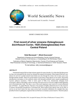 First Record of Silver Arowana Osteoglossum Bicirrhosum Cuvier, 1928 (Osteoglossidae) from Central Poland