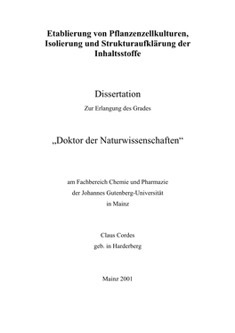 Etablierung Von Pflanzenzellkulturen, Isolierung Und Strukturaufklärung Der Inhaltsstoffe