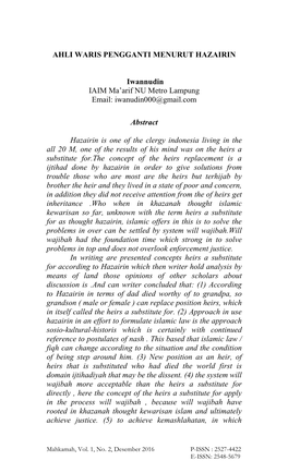 AHLI WARIS PENGGANTI MENURUT HAZAIRIN Iwannudin IAIM Ma'arif NU Metro Lampung Email: Iwanudin000@Gmail.Com Abstract Hazairin I