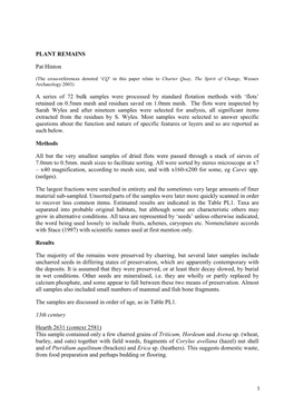 1 PLANT REMAINS Pat Hinton a Series of 72 Bulk Samples Were Processed by Standard Flotation Methods with 'Flots' Retained On