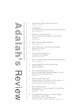 Volume 4, Spring 2004, in the NAME of SECURITY Introduction: in the Name of Security Al-Mutafaqim Political Control and Crime Me