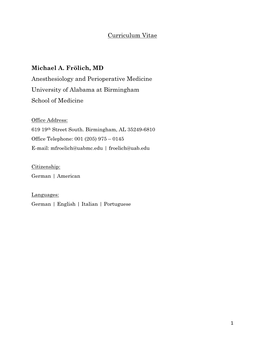 Curriculum Vitae Michael A. Frölich, MD Anesthesiology And