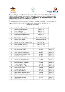 Ordem De Classificação E a Disponibilidade De Vagas Em Cada INFOCENTRO, Através De Publicação No Diário Oficial Do Estado Do Pará