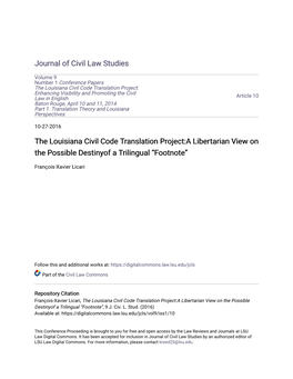 The Louisiana Civil Code Translation Project:A Libertarian View on the Possible Destinyof a Trilingual Â•Œfootnoteâ•Š