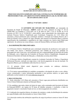 Processo Seletivo Simplificado Para Contratação Temporária De Professores Para Atuarem No Ensino Médio Regular, Da Secretaria De Estado Da Educação