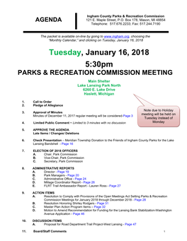 AGENDA Tuesday, January 16, 2018 5:30Pm PARKS & RECREATION