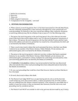 1. Petition for Exoneration, 2. Discovery 3. Discovery 4. Public Integrity Commission 5. Compensation for the Wrongfully Convicted