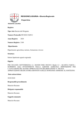 Registro REGIONE LIGURIA – Giunta Regionale Copertina Tipo Atto