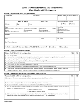 COVID-19 VACCINE SCREENING and CONSENT FORM Pfizer-Biontech COVID-19 Vaccine