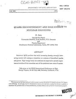 QUARK DECONFINEMENT and HIGH Energf I9 NUCLEAR COLLISIONS