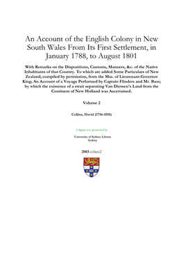 An Account of the English Colony in New South Wales from Its First Settlement, in January 1788, to August 1801