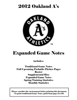 2012 Oakland A's Expanded Game Notes