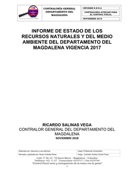 Informe De Estado De Los Recursos Naturales Y Del Medio Ambiente Del Departamento Del Magdalena Vigencia 2017