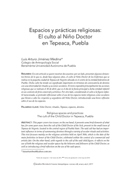 Espacios Y Prácticas Religiosas: El Culto Al Niño Doctor En Tepeaca, Puebla