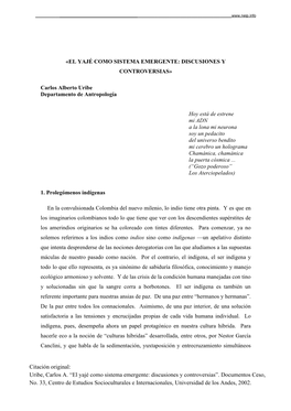 Uribe, Carlos A. “El Yajé Como Sistema Emergente: Discusiones Y