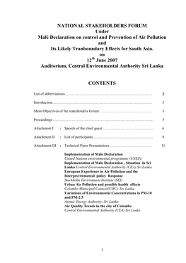 NATIONAL STAKEHOLDERS FORUM Under Malé Declaration on Control and Prevention of Air Pollution and Its Likely Tranboundary Effects for South Asia