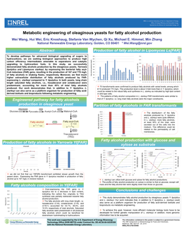 Metabolic Engineering of Oleaginous Yeasts for Fatty Alcohol Production Wei Wang, Hui Wei, Eric Knoshaug, Stefanie Van Wychen, Qi Xu, Michael E