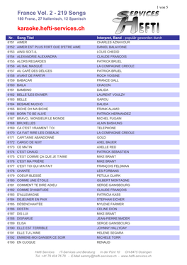 France Vol. 2 - 219 Songs 180 Franz., 27 Italienisch, 12 Spanisch Karaoke.Hefti-Services.Ch