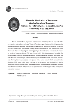 Molecular Identification of Trematode, Haplorchis Taichui Cercariae (Trematoda: Heterophyidae) in Tarebia Granifera Snail Using ITS2 Sequences