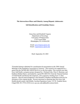 1 the Intersection of Race and Ethnicity Among Hispanic Adolescents